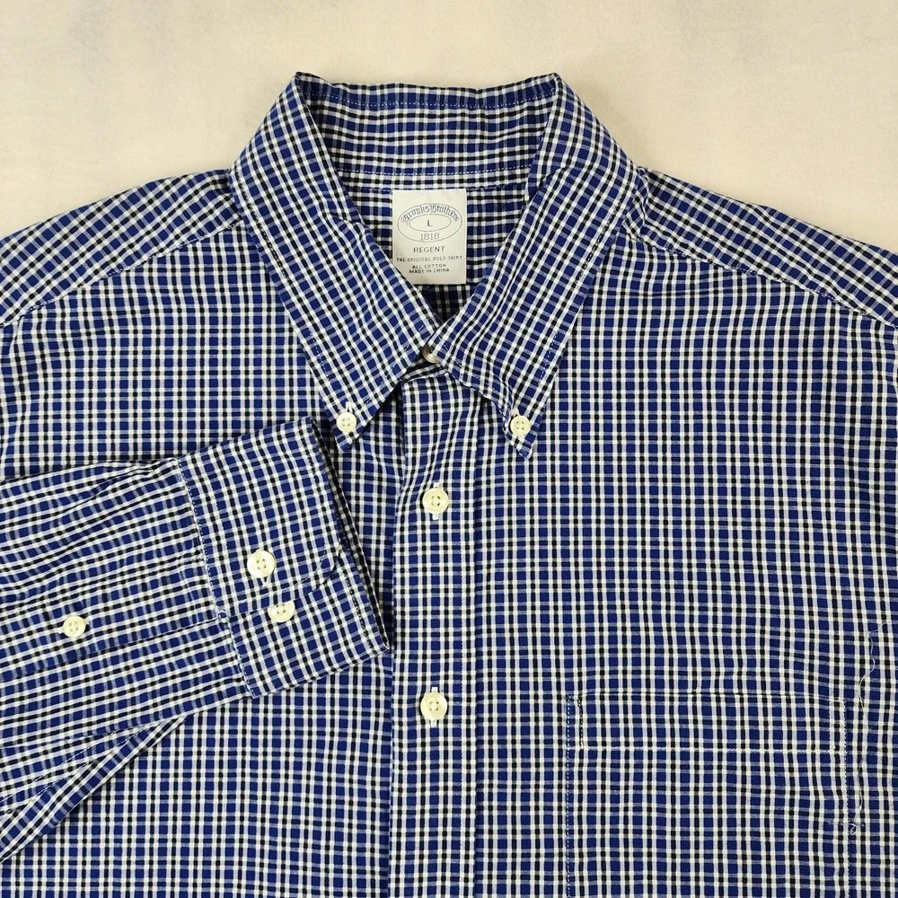 Brooks Brothers Regent Shirt Mens Large Blue Black Plaid Button Down Long Sleeve
